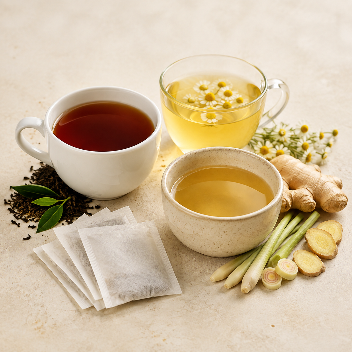 Tea Varieties product image featuring English Breakfast, Chamomile Blossom, and Lemongrass and Ginger tea